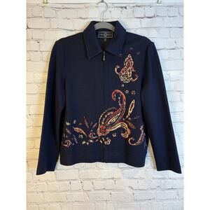 St John Sport Medium Navy Blue Full Zip Collared Long Sleeve Sweater Wool?